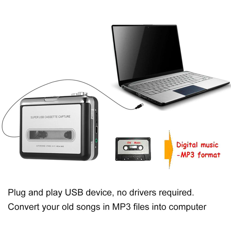 USB Cassette to MP3 Converter – Portable Tape Player with HiFi Sound, Mega Bass & Earphones