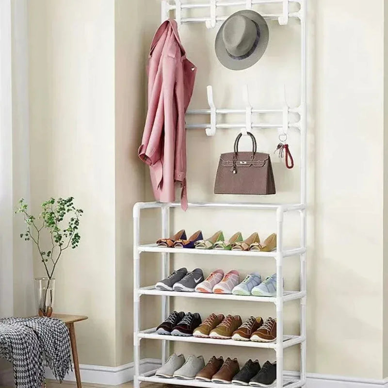 Multi-Layer Shoe Rack & Clothes Hanger – DIY Floor-Standing Storage Organiser for Living Room