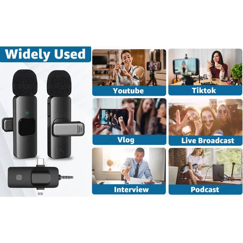 Professional 4-in-1 Wireless Lavalier Microphone for iPhone, Android, 3.5mm Devices, Live Recording