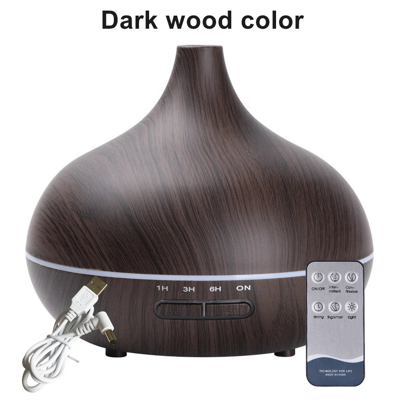 550ML WOOD GRAIN USB AROMA DIFFUSER – ESSENTIAL OIL HUMIDIFIER WITH LED LIGHTS & REMOTE CONTROL