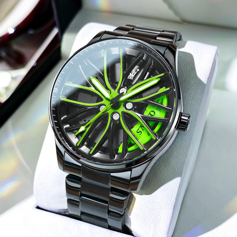 OLEVS Luxury Men's Watch – Sporty Wheel Design, Waterproof, Luminous Hands, Quartz Movement