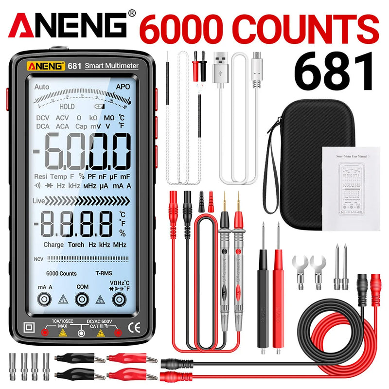 ANENG 681 Rechargeable Digital Multimeter – 6000 Counts, True RMS, Non-Contact Voltage Tester, LCD Display