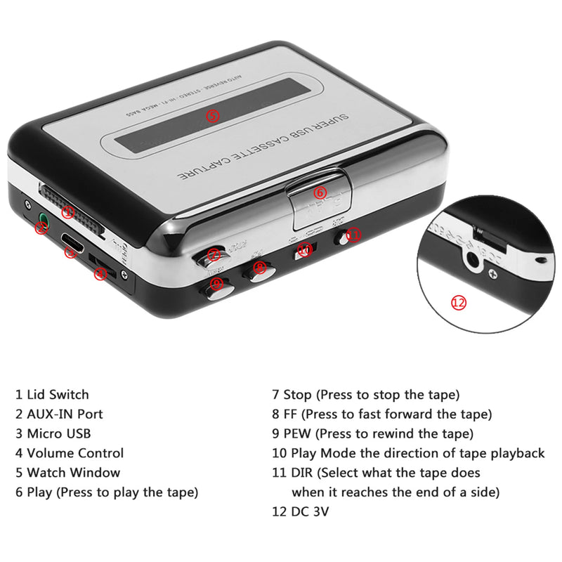 USB Cassette to MP3 Converter – Portable Tape Player with HiFi Sound, Mega Bass & Earphones