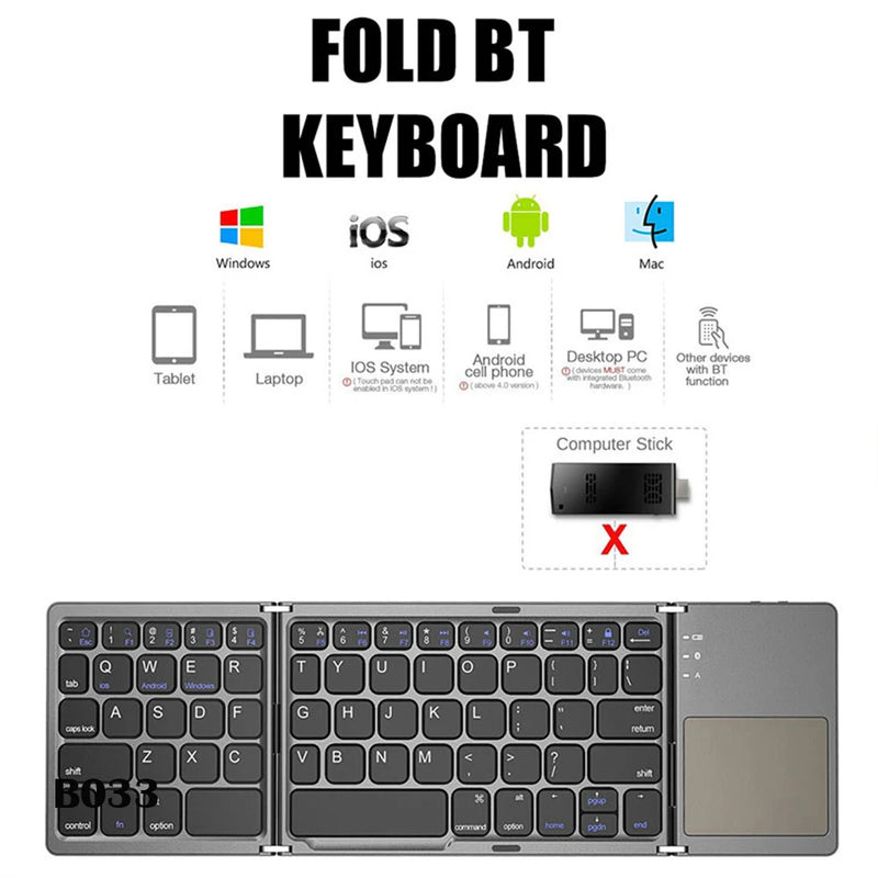 B033 Mini Wireless Folding Keyboard with Touchpad Bluetooth for Windows, Android, iOS, iPad & Phone