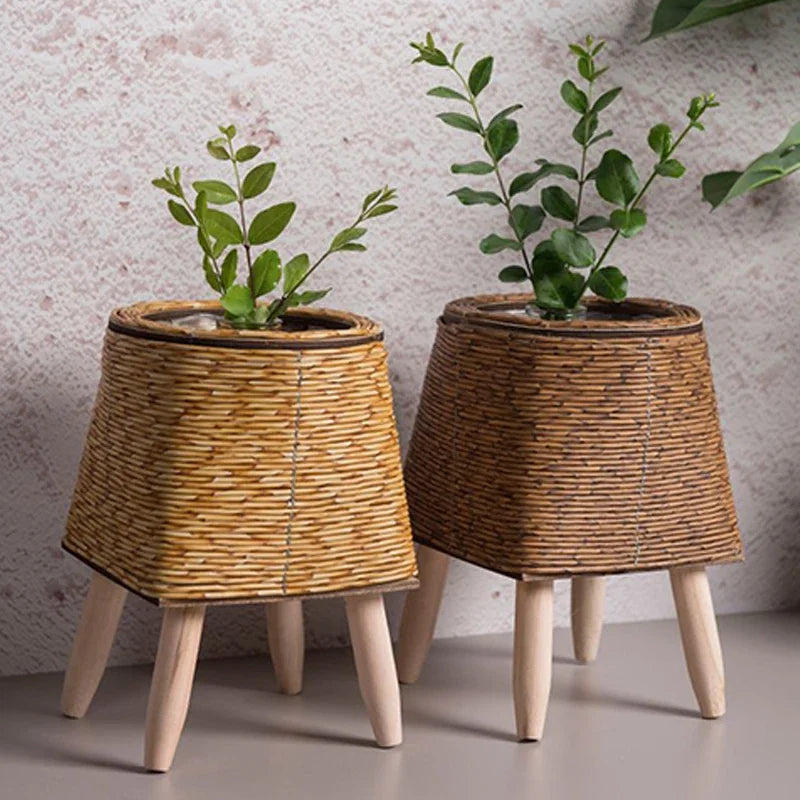 Nordic Style Imitation Rattan Flower Pot – Hand-Woven Planter Stand, Garden Décor & Home Storage Basket