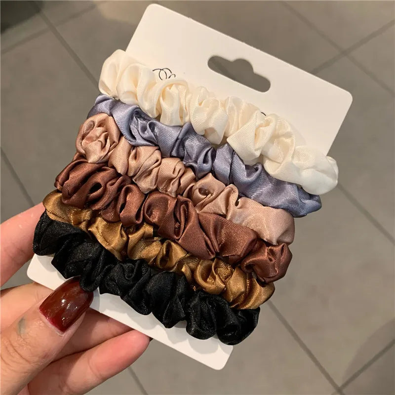 6Pcs Minimalist Silk Hair Scrunchies – Elegant Solid Colour Elastic Hair Ties for Women