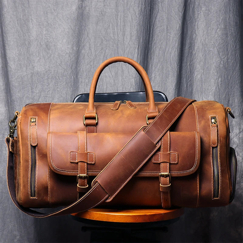 MUNUKI Vintage Crazy Horse Leather Travel Duffle Bag | Large Genuine Leather Weekend Tote