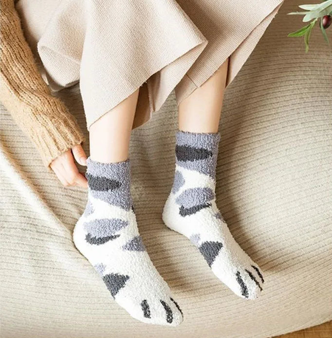 Autumn Winter Coral Velvet Cat Claw Socks – Warm Middle Tube Sleep & Floor Socks for Women Girls