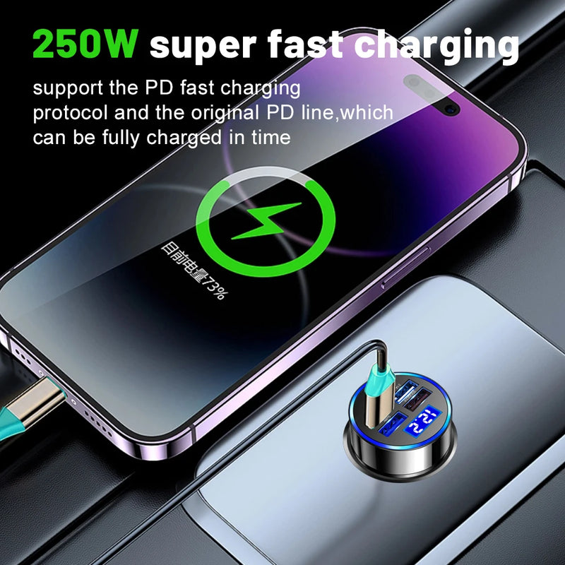 250W PD USB Car Charger – Fast Charging Adapter for iPhone, Xiaomi, Huawei, Samsung, and More