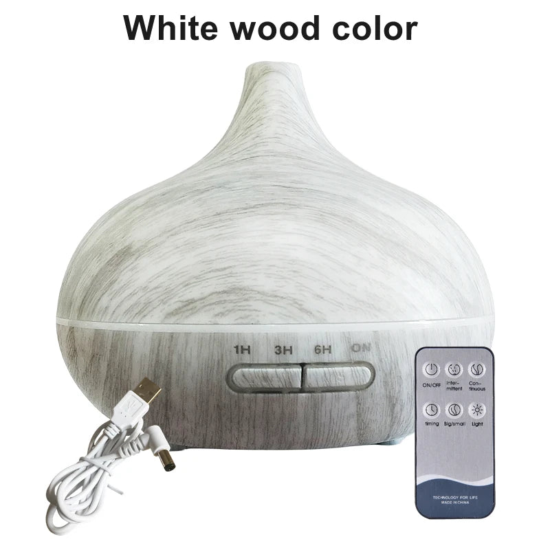 550ML WOOD GRAIN USB AROMA DIFFUSER – ESSENTIAL OIL HUMIDIFIER WITH LED LIGHTS & REMOTE CONTROL