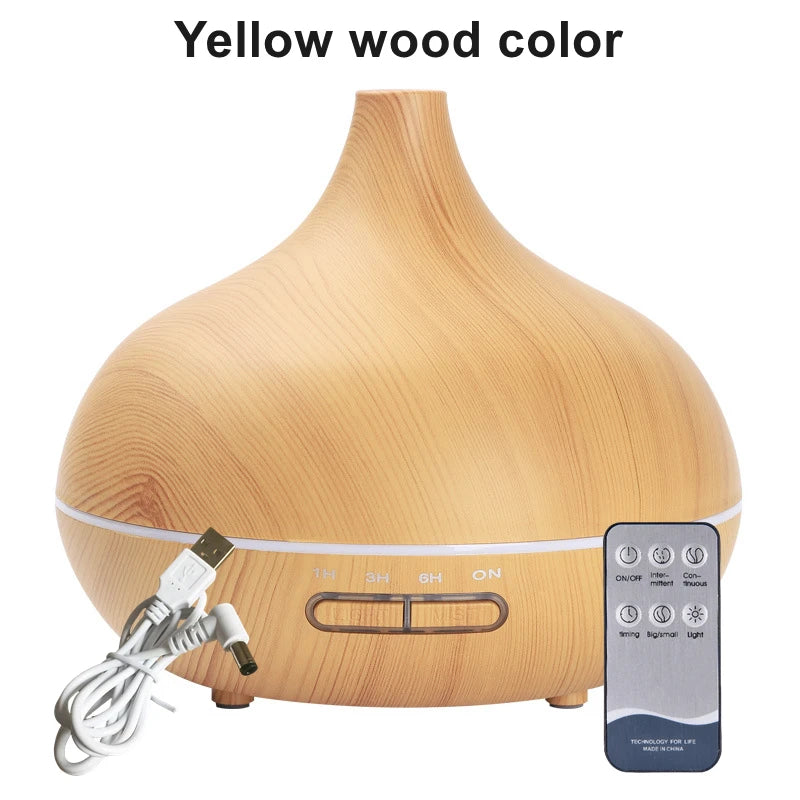 550ML WOOD GRAIN USB AROMA DIFFUSER – ESSENTIAL OIL HUMIDIFIER WITH LED LIGHTS & REMOTE CONTROL