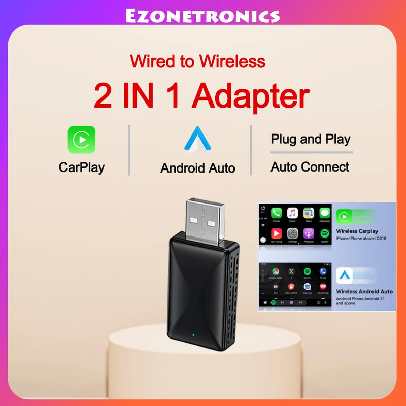 2-in-1 Wireless CarPlay & Android Auto Adapter – Plug & Play USB Converter for OEM Car Stereo