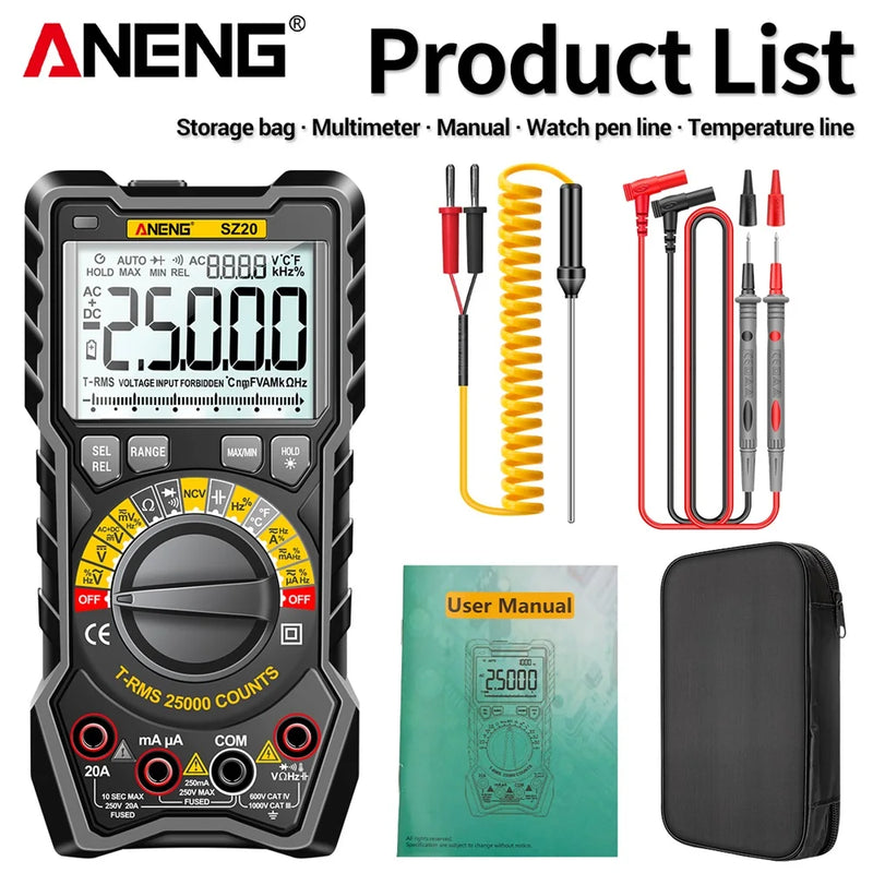 ANENG SZ20 Digital Multimeter – 25000 Counts Smart Manual Range Tester, True RMS AC/DC Voltmeter