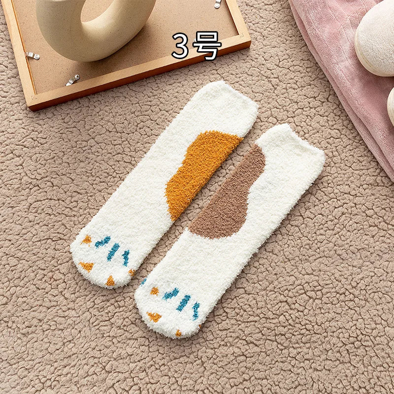 Autumn Winter Coral Velvet Cat Claw Socks – Warm Middle Tube Sleep & Floor Socks for Women Girls