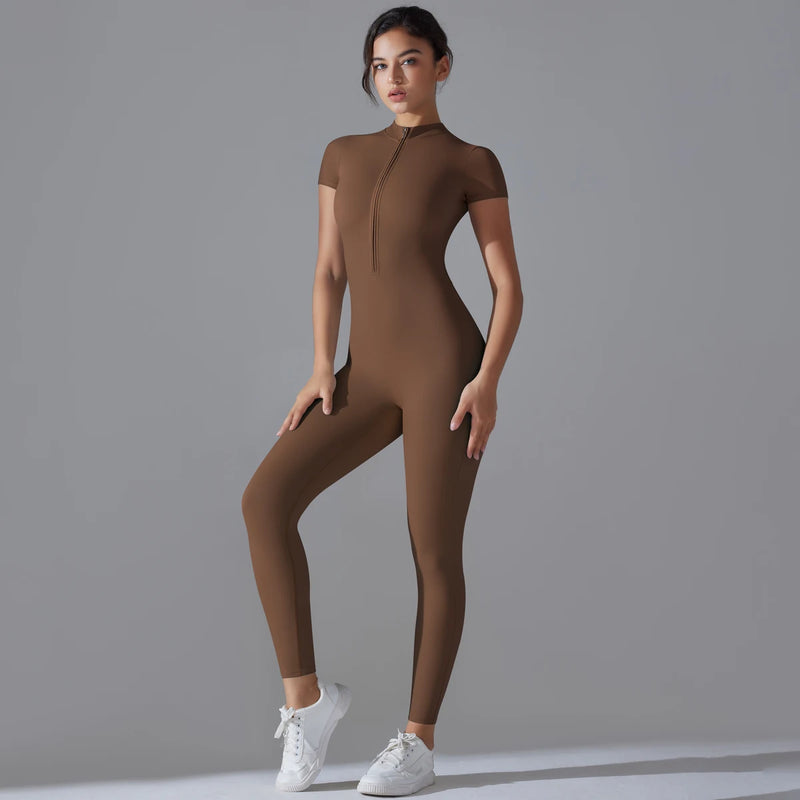 Women's One-Piece Yoga Jumpsuit | Short Sleeve Zipper Bodysuit | Gym Push-Up Fitness Tracksuit