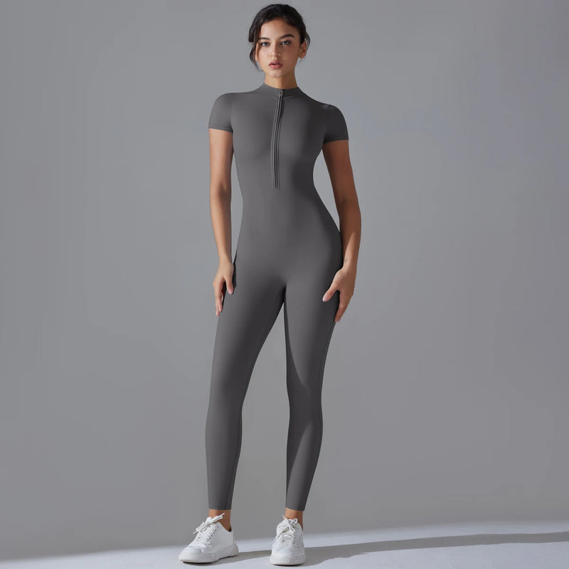 Women's One-Piece Yoga Jumpsuit | Short Sleeve Zipper Bodysuit | Gym Push-Up Fitness Tracksuit