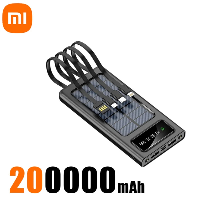 Xiaomi 2000000mAh Solar Power Bank: Built-In Cables, LED Light, Fast Charging for Phones & Devices