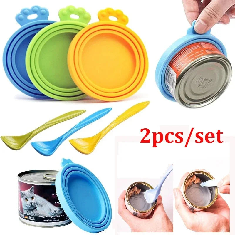 2pcs Reusable Silicone Pet Food Can Lid with Spoon | Dog & Cat Storage Tin Cover Seal