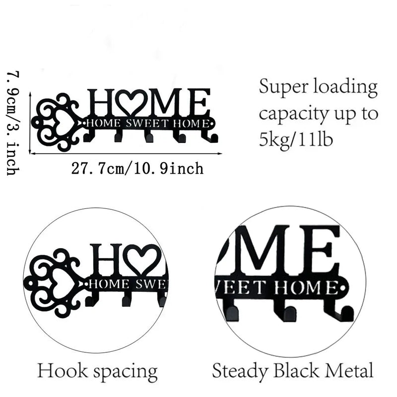 5 Hooks "Home Sweet Home" Metal Wall Hanger for Keys, Coats, Towels - Stylish Home Decor