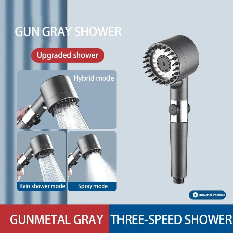 High-Pressure Filter Shower Head – 3-Mode Adjustable Spray with Massage Brush, Water-Saving Design