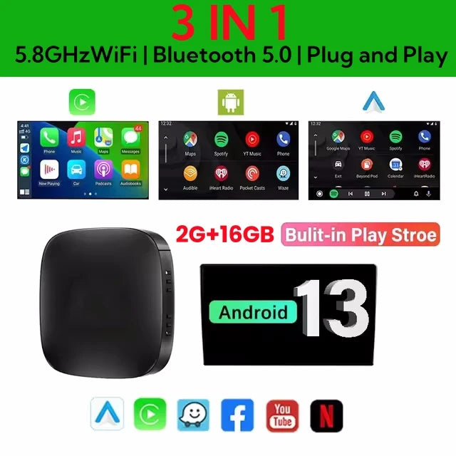 Smart CarPlay AI Box – Wireless Android Auto, Android 13, Built-in Play Store for Netflix & YouTube