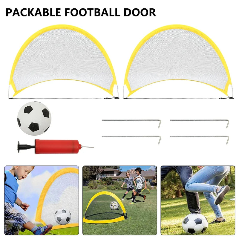 2Pcs Folding Football Goal Net Set with Inflatable Ball & Air Pump – Portable Soccer Training Goals for Kids