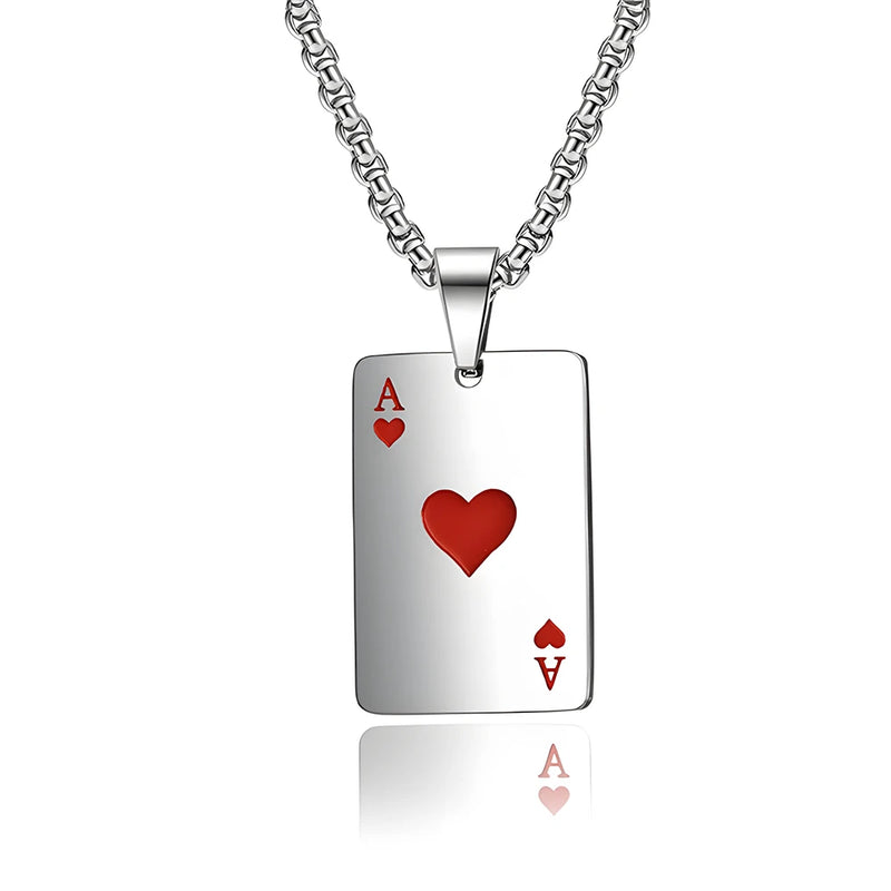 Hip Hop Stainless Steel Poker Card Necklace – Ace of Spades & Hearts Pendant Chain for Men & Women