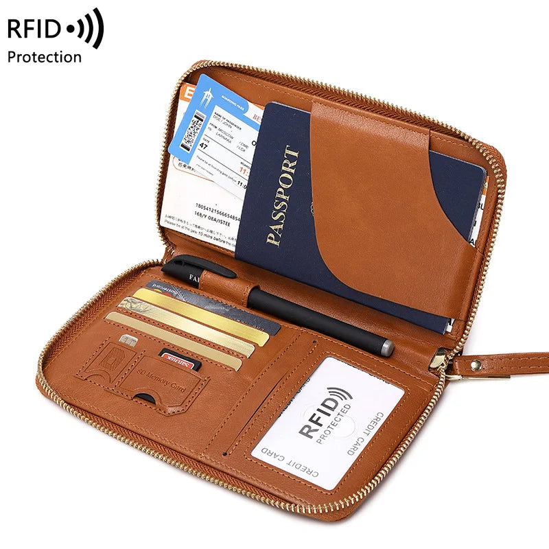 New Leather Passport Cover RFID Blocking Wallet | Travel Essentials Zipper Phone Bag