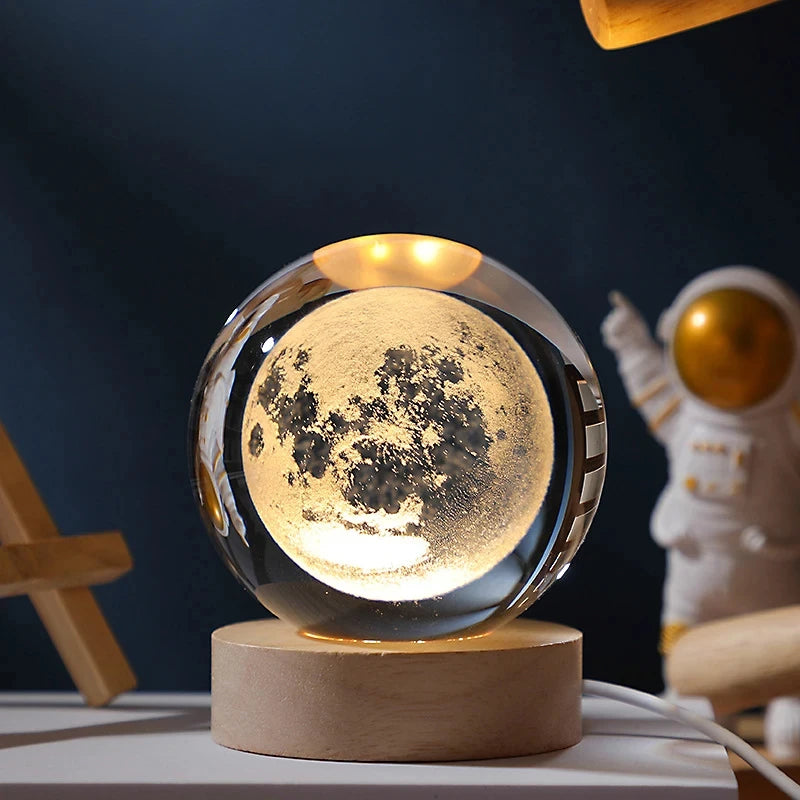 3D Moon Crystal Ball Night Light - Galaxy Solar System Saturn Glass Globe for Home Decoration