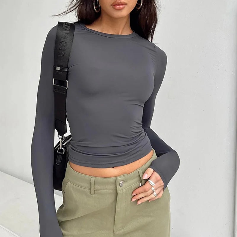 Women's Casual Long Sleeve T-Shirts | Slim Fit Solid Colour Pullovers for Autumn & Spring Streetwear