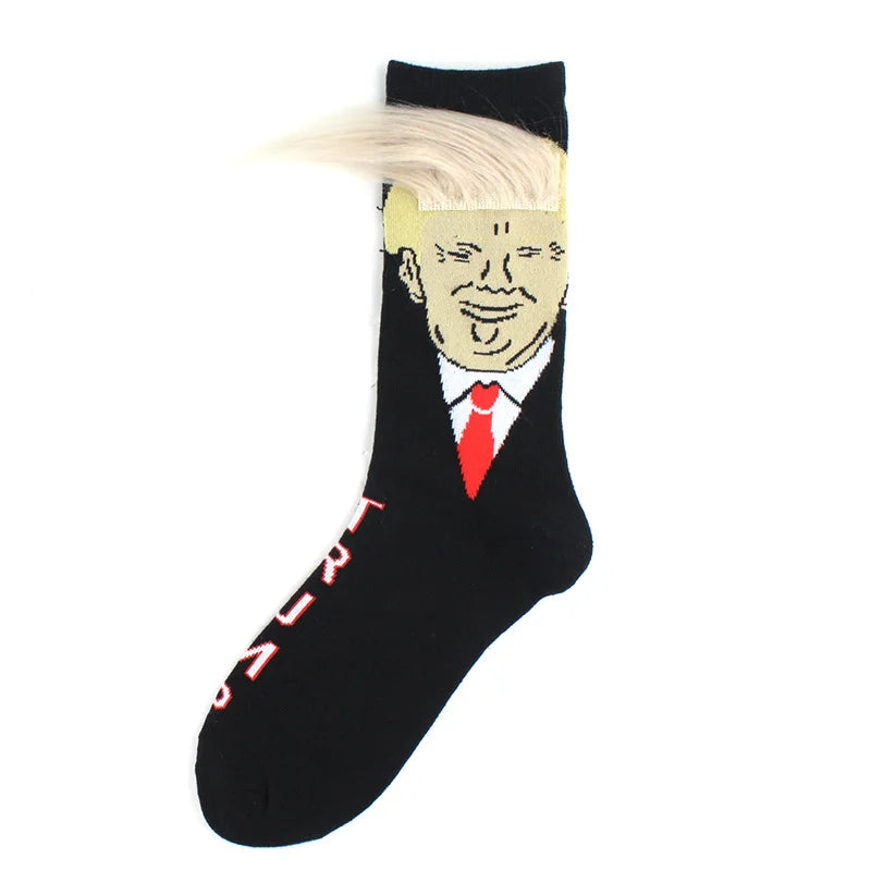 2024 Donald Trump Funny Socks – Spoof Character Crew Socks with 3D Fake Hair for Men & Women