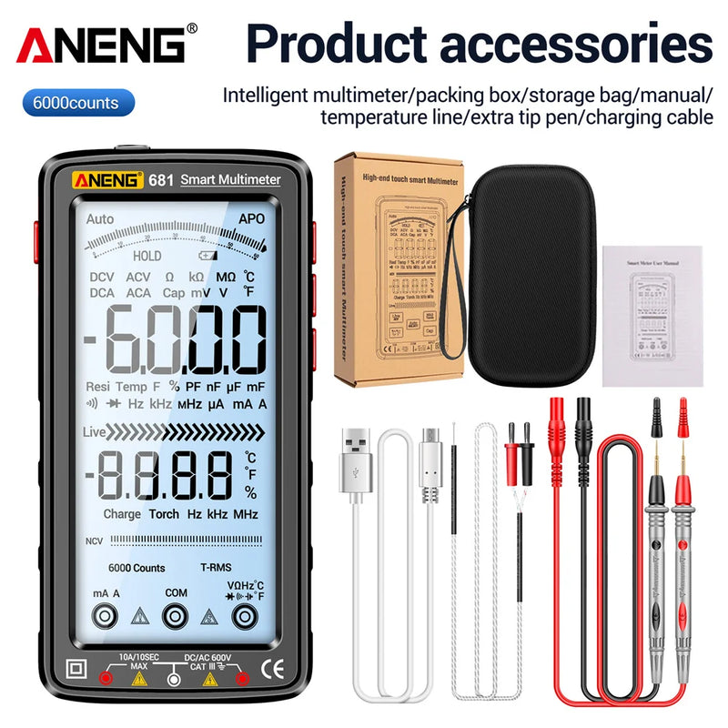 ANENG 681 Rechargeable Digital Multimeter – 6000 Counts, True RMS, Non-Contact Voltage Tester, LCD Display