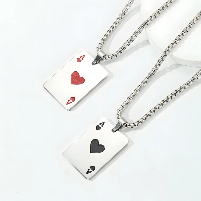 Hip Hop Stainless Steel Poker Card Necklace – Ace of Spades & Hearts Pendant Chain for Men & Women