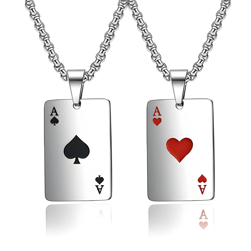 Hip Hop Stainless Steel Poker Card Necklace – Ace of Spades & Hearts Pendant Chain for Men & Women