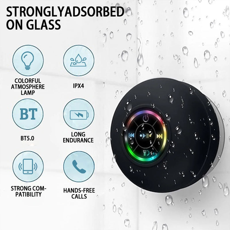 Portable Bluetooth Speaker with LED, IPX4 Waterproof, Suction Cup, Mini Stereo for Outdoor & Bathroom