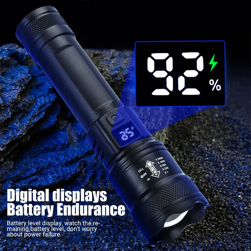 HIGH-POWER LED FLASHLIGHT – 2000LM TACTICAL TORCH WITH DISPLAY LIGHT, USB RECHARGEABLE & ZOOM FUNCTION