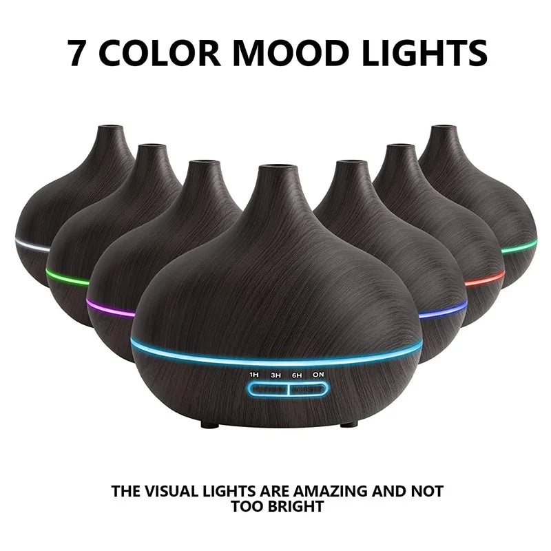 550ML WOOD GRAIN USB AROMA DIFFUSER – ESSENTIAL OIL HUMIDIFIER WITH LED LIGHTS & REMOTE CONTROL