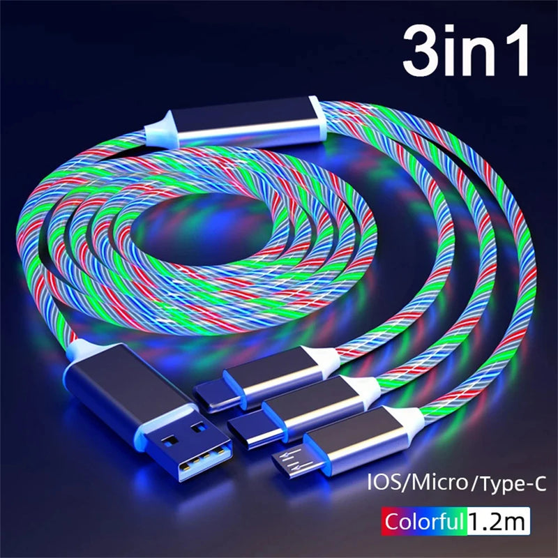 NNBILI LED Glowing 3-in-1 USB Fast Charging Cable – Luminous Type-C, Micro USB & Lightning Charger