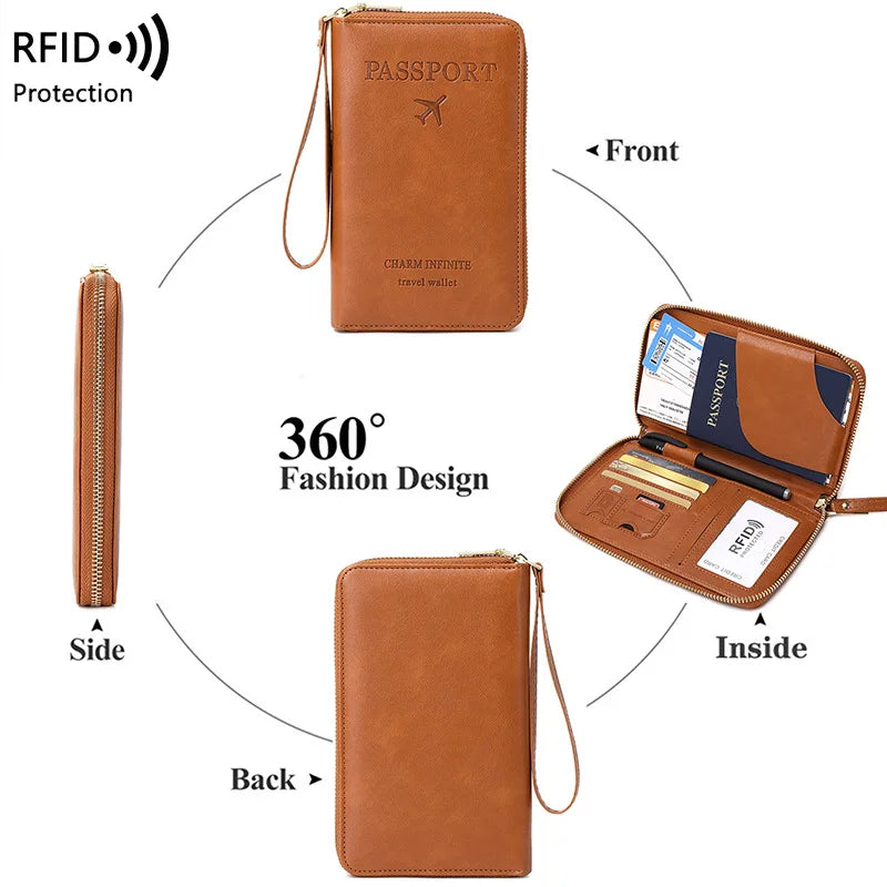 New Leather Passport Cover RFID Blocking Wallet | Travel Essentials Zipper Phone Bag