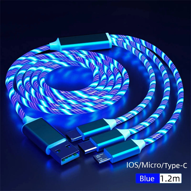 NNBILI LED Glowing 3-in-1 USB Fast Charging Cable – Luminous Type-C, Micro USB & Lightning Charger