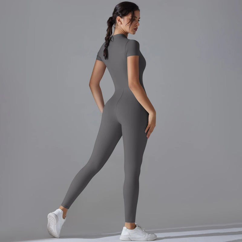 Women's One-Piece Yoga Jumpsuit | Short Sleeve Zipper Bodysuit | Gym Push-Up Fitness Tracksuit