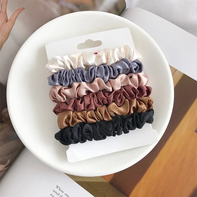 6Pcs Minimalist Silk Hair Scrunchies – Elegant Solid Colour Elastic Hair Ties for Women