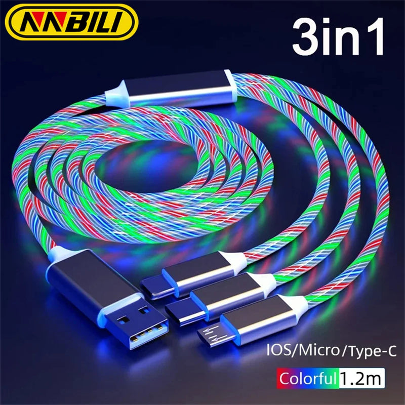 NNBILI LED Glowing 3-in-1 USB Fast Charging Cable – Luminous Type-C, Micro USB & Lightning Charger