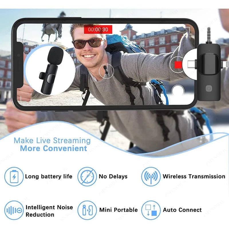 Professional 4-in-1 Wireless Lavalier Microphone for iPhone, Android, 3.5mm Devices, Live Recording