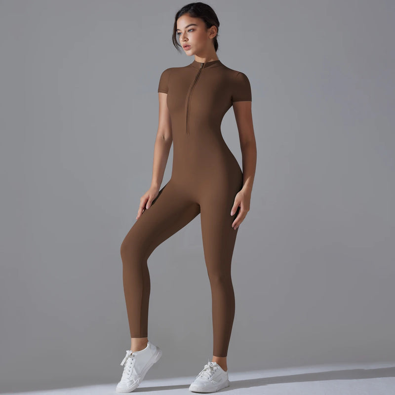 Women's One-Piece Yoga Jumpsuit | Short Sleeve Zipper Bodysuit | Gym Push-Up Fitness Tracksuit