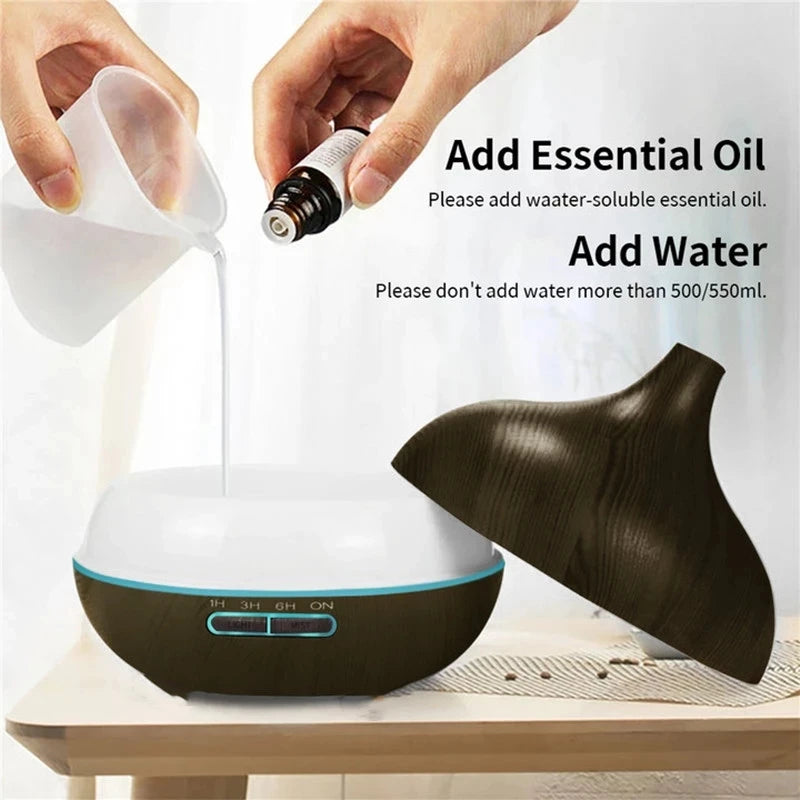 550ML WOOD GRAIN USB AROMA DIFFUSER – ESSENTIAL OIL HUMIDIFIER WITH LED LIGHTS & REMOTE CONTROL