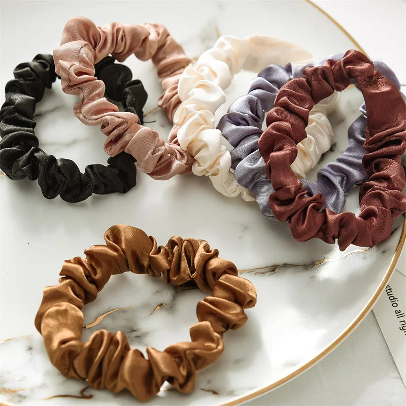 6Pcs Minimalist Silk Hair Scrunchies – Elegant Solid Colour Elastic Hair Ties for Women