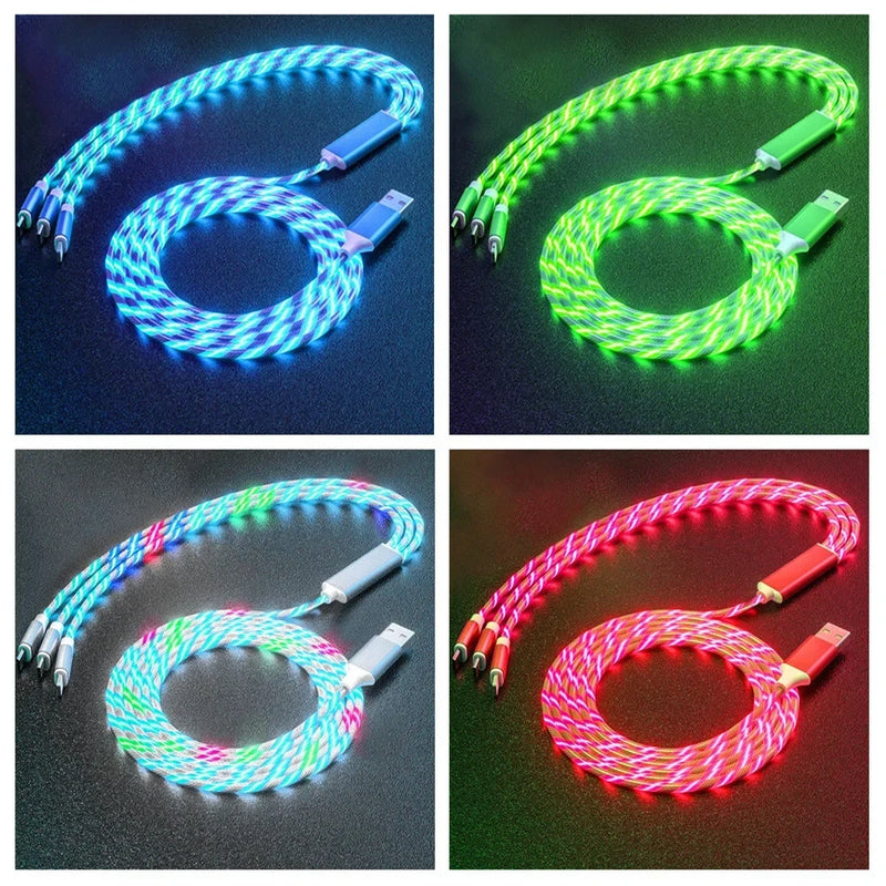 NNBILI LED Glowing 3-in-1 USB Fast Charging Cable – Luminous Type-C, Micro USB & Lightning Charger