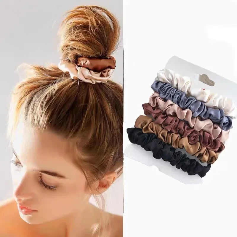 6Pcs Minimalist Silk Hair Scrunchies – Elegant Solid Colour Elastic Hair Ties for Women