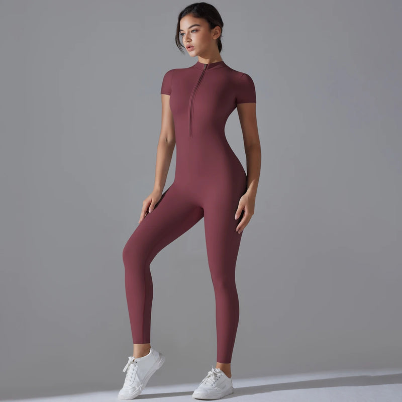 Women's One-Piece Yoga Jumpsuit | Short Sleeve Zipper Bodysuit | Gym Push-Up Fitness Tracksuit